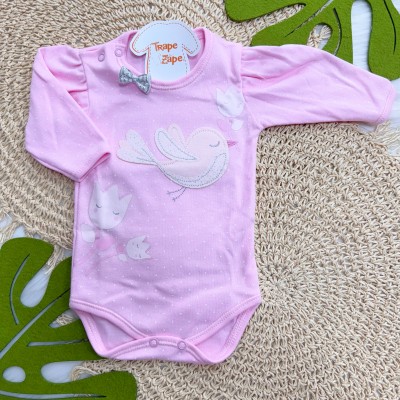 Kit 3 Peças - Bodys Manga Longa Passarinha com Flores - Rosa e Lilás